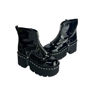 DEMONIA ASHES-100 Biker Combat Goth Punk Black Patent 3.5" Platform Boots 12